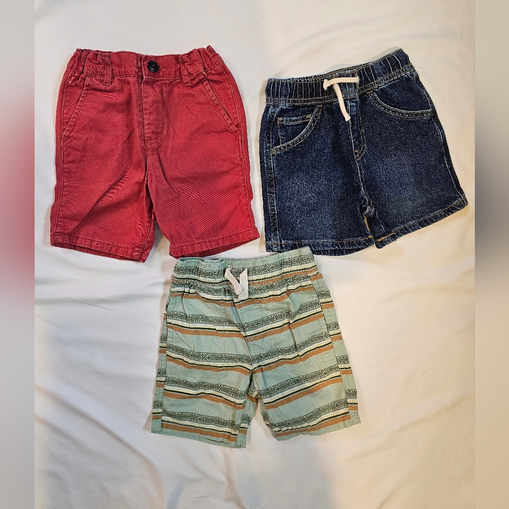 Set Of 3 Pairs Boy Shorts- Striped, Denim, Red Orange- Size 3T